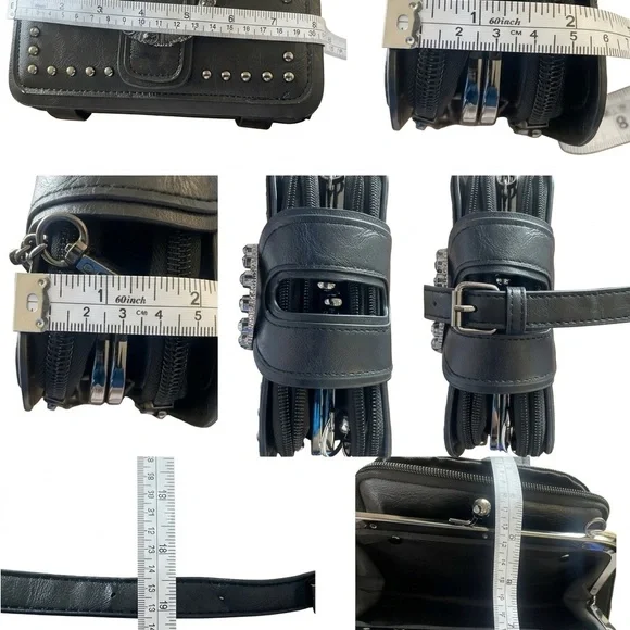 Black Studded Festival Crossbody Bag - Rhinestone Buckle Wallet Clutch - Picture 9 of 9